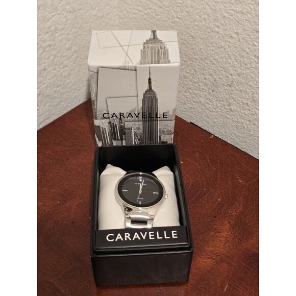 WORKING Caravelle Bulova Mens Stainless Steel Black Dial Quartz Watch 43D106 - Picture 1 of 16
